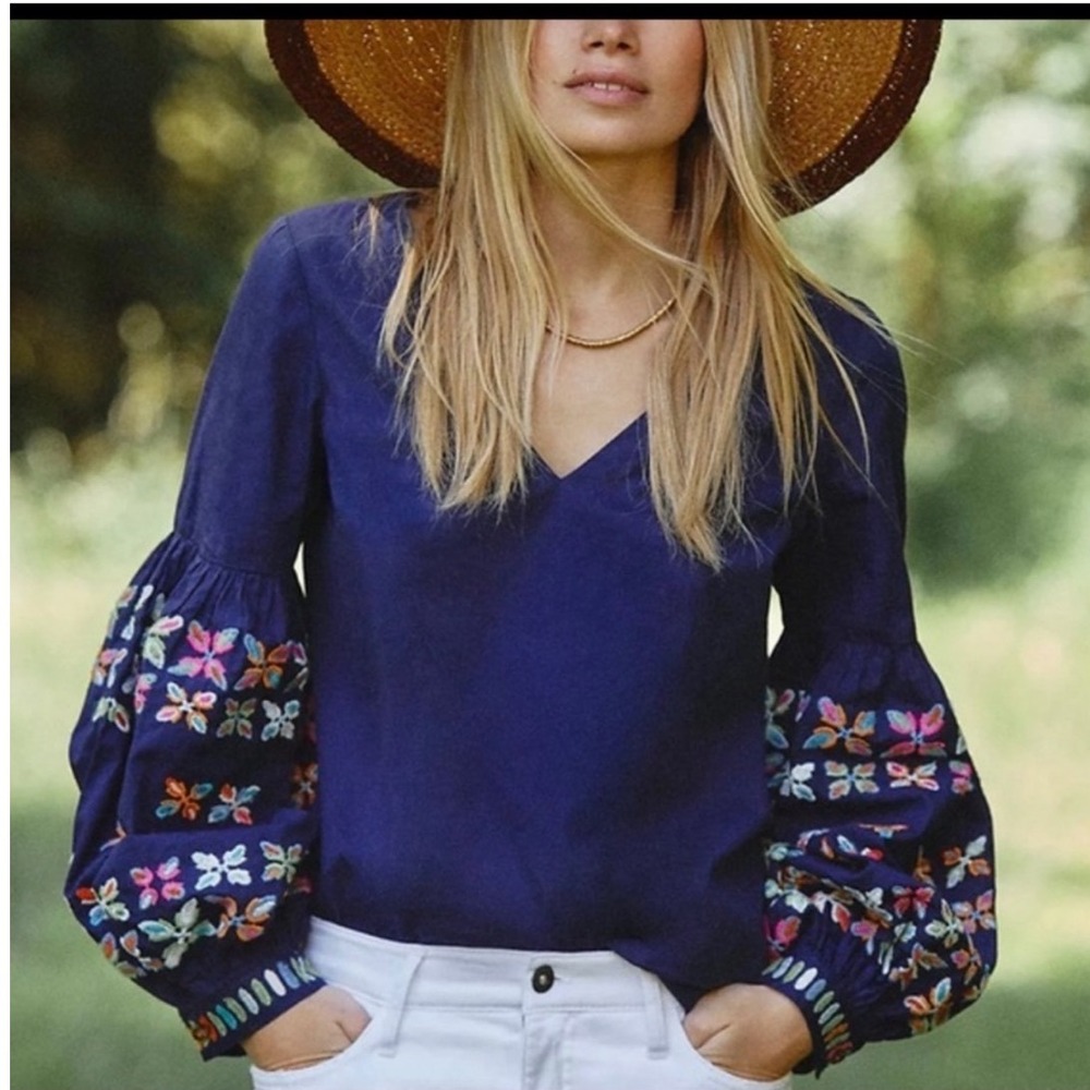 Anthropologie Maeve Navy Blue Embroidered Balloon Sleeve 2
